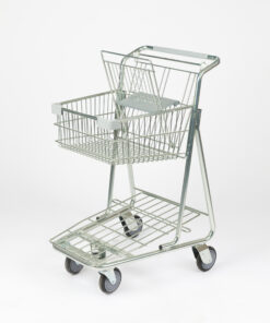 Metal shopping cart with children's seat.